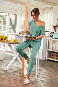 Short Sleeve Tracksuit V Neck Top Matching with Long Pants PRETTYGARDEN