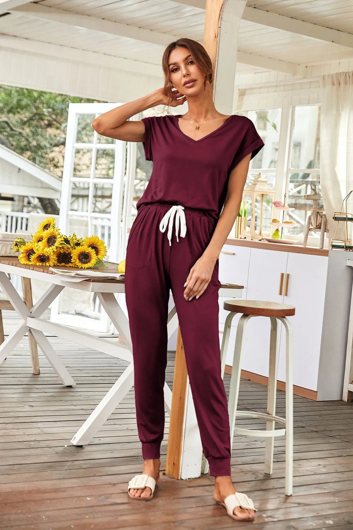 Short Sleeve Tracksuit V Neck Top Matching with Long Pants PRETTYGARDEN