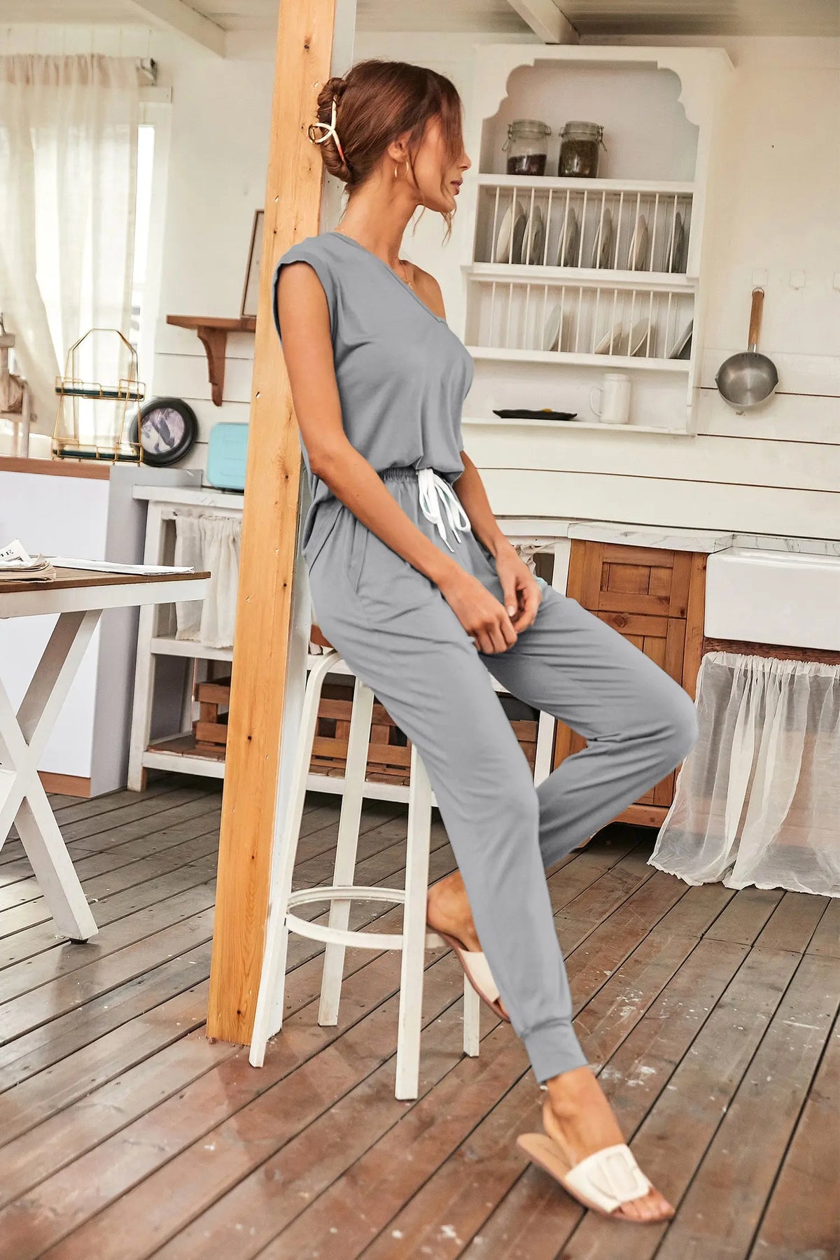 Short Sleeve Tracksuit V Neck Top Matching with Long Pants PRETTYGARDEN