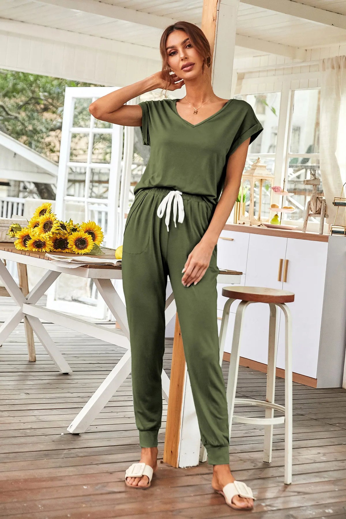 Short Sleeve Tracksuit V Neck Top Matching with Long Pants PRETTYGARDEN