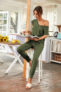 Short Sleeve Tracksuit V Neck Top Matching with Long Pants PRETTYGARDEN