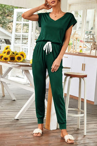 Short Sleeve Tracksuit V Neck Top Matching with Long Pants PRETTYGARDEN