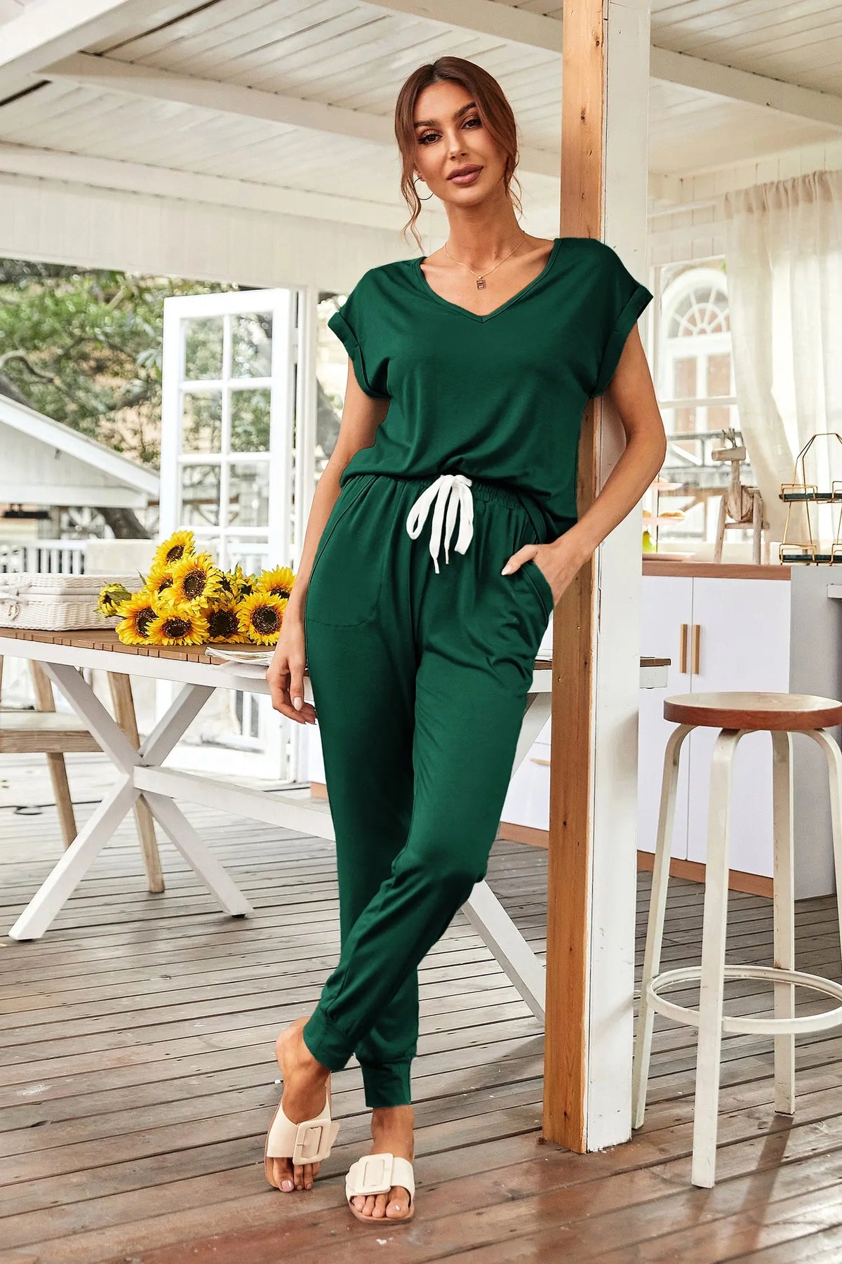 Short Sleeve Tracksuit V Neck Top Matching with Long Pants PRETTYGARDEN