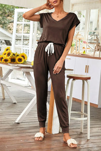 Short Sleeve Tracksuit V Neck Top Matching with Long Pants PRETTYGARDEN