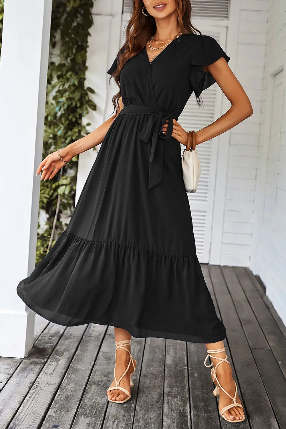 Sleeveless Halter Neck Flowy Ruffle Hem Long Boho Dresses with Belt&nbsp; PRETTYGARDEN