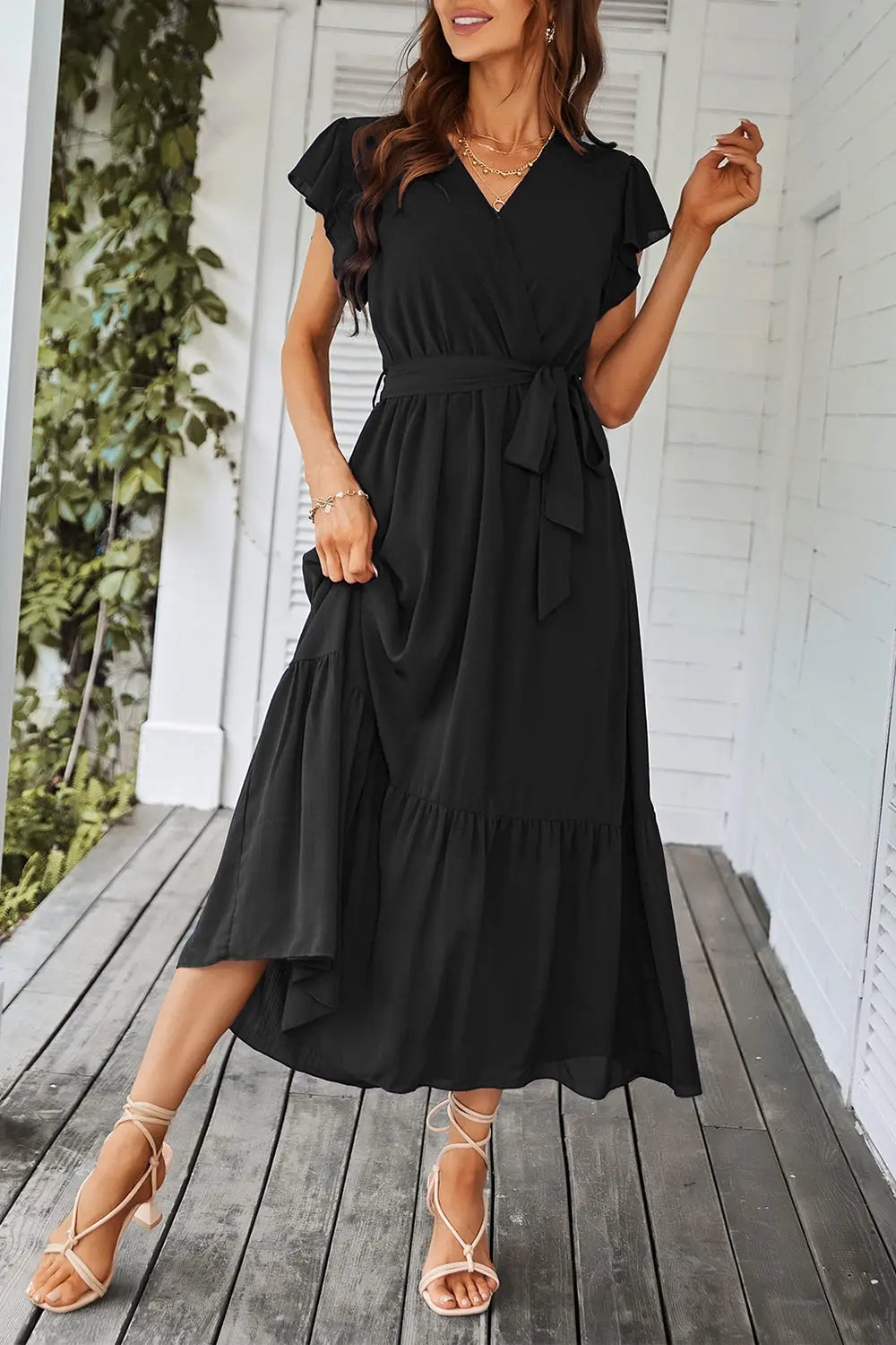 Sleeveless Halter Neck Flowy Ruffle Hem Long Boho Dresses with Belt&nbsp; PRETTYGARDEN