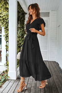 Sleeveless Halter Neck Flowy Ruffle Hem Long Boho Dresses with Belt&nbsp; PRETTYGARDEN