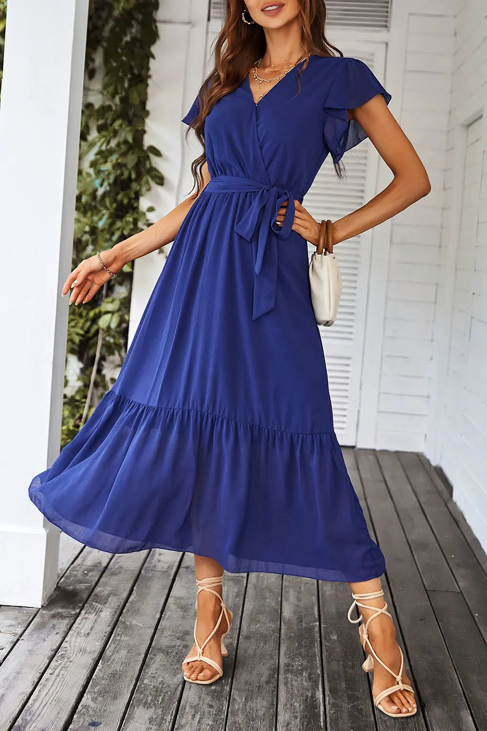 Sleeveless Halter Neck Flowy Ruffle Hem Long Boho Dresses with Belt&nbsp; PRETTYGARDEN