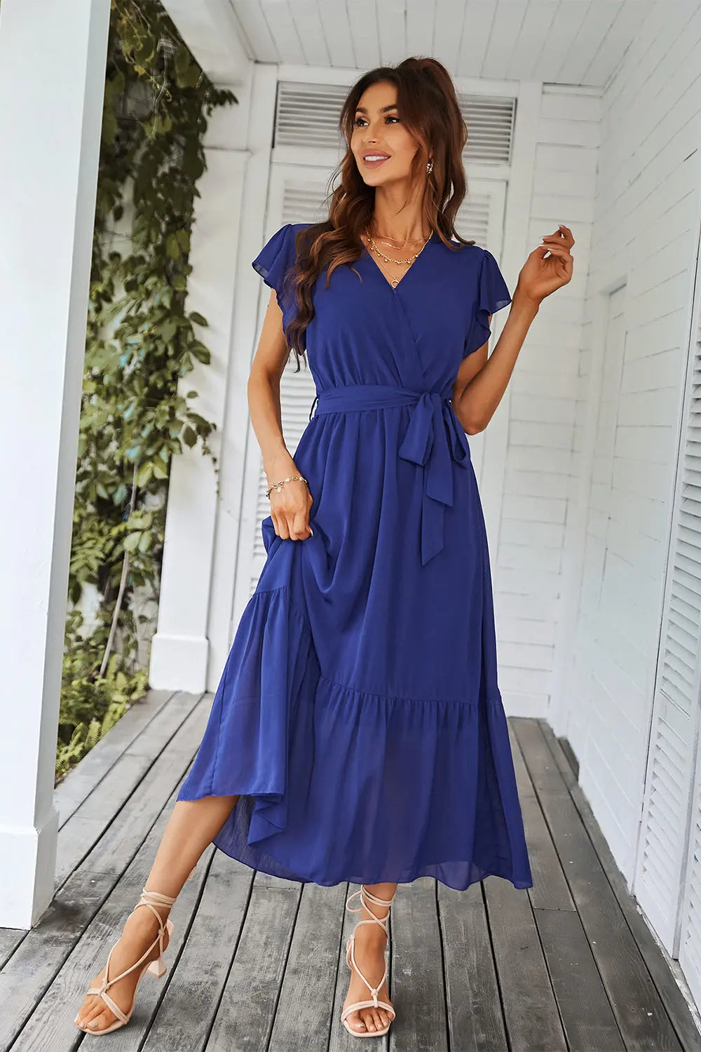 Sleeveless Halter Neck Flowy Ruffle Hem Long Boho Dresses with Belt&nbsp; PRETTYGARDEN