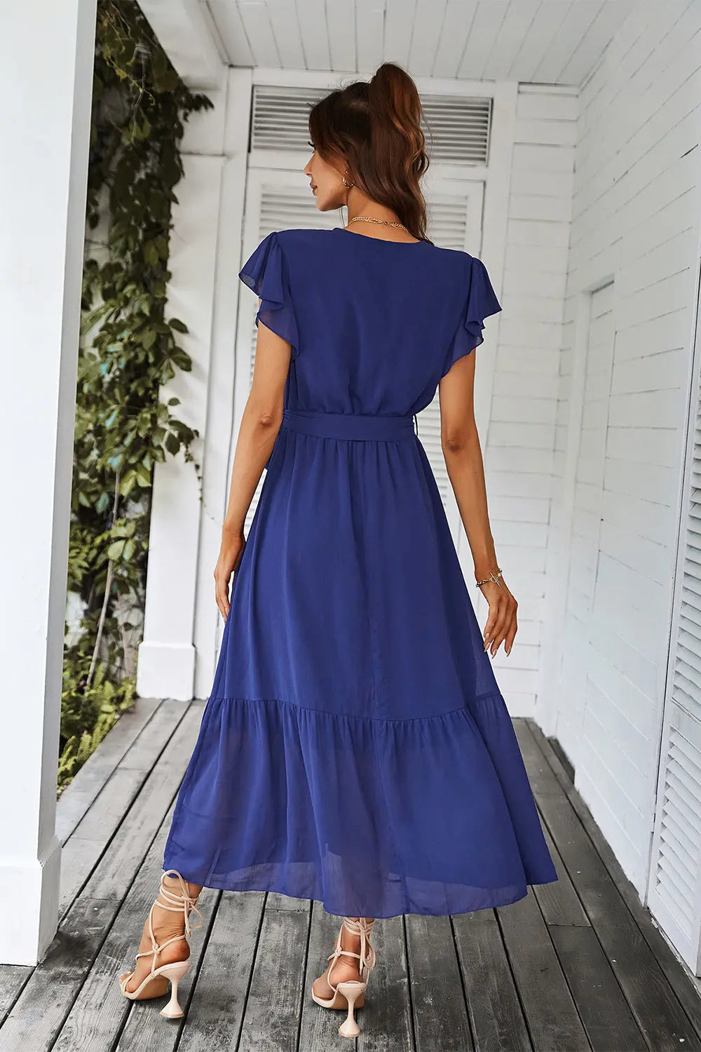 Sleeveless Halter Neck Flowy Ruffle Hem Long Boho Dresses with Belt&nbsp; PRETTYGARDEN