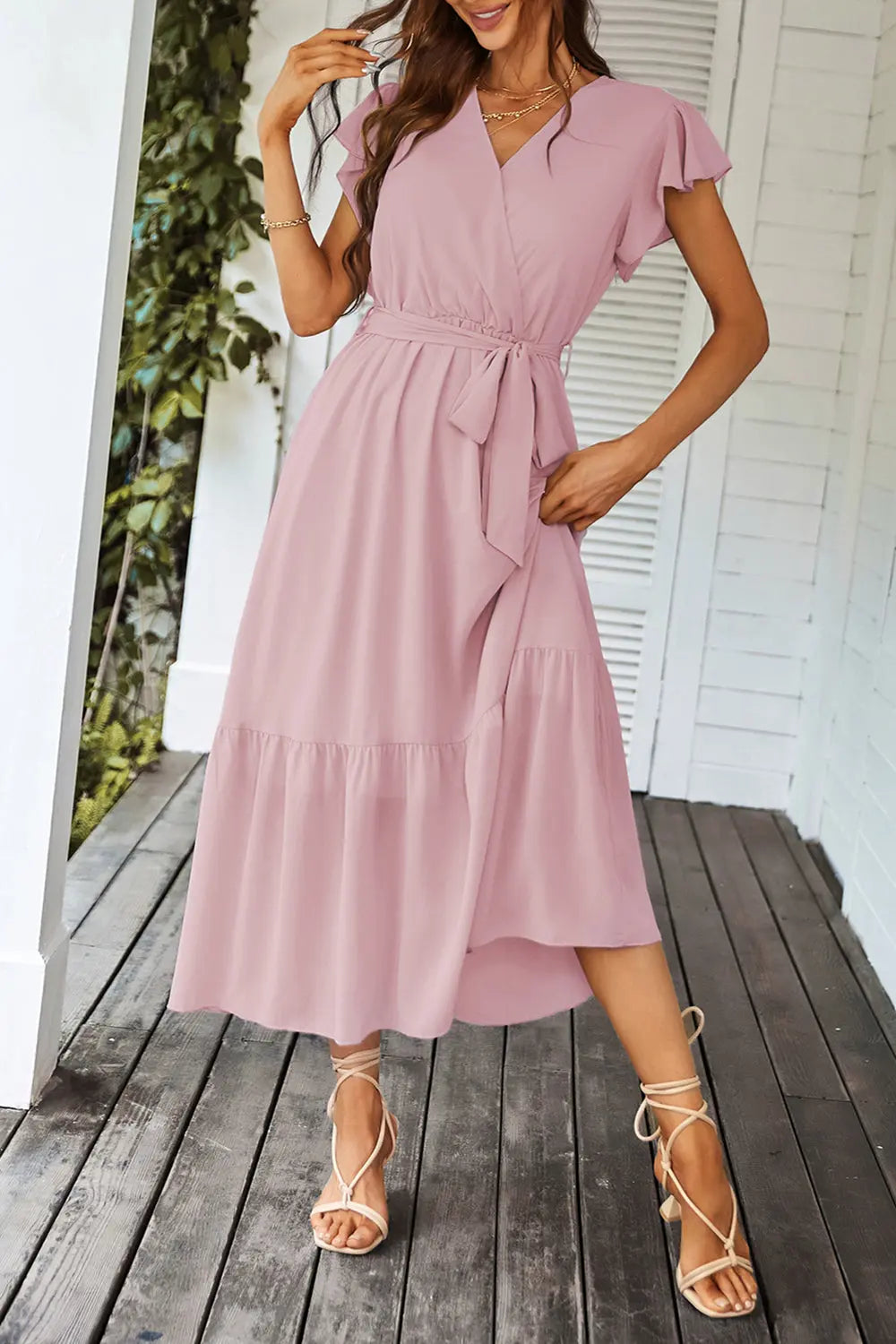 Sleeveless Halter Neck Flowy Ruffle Hem Long Boho Dresses with Belt&nbsp; PRETTYGARDEN