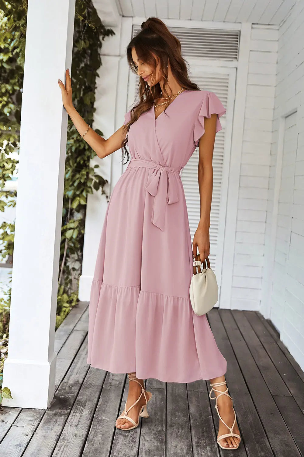 Sleeveless Halter Neck Flowy Ruffle Hem Long Boho Dresses with Belt&nbsp; PRETTYGARDEN