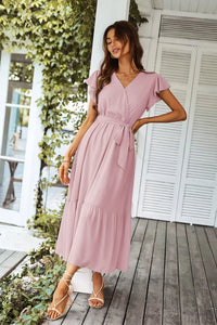 Sleeveless Halter Neck Flowy Ruffle Hem Long Boho Dresses with Belt&nbsp; PRETTYGARDEN