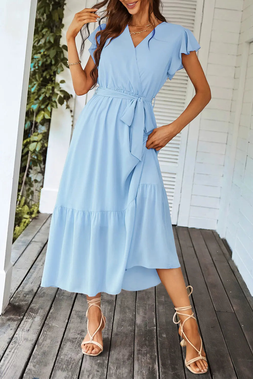 Sleeveless Halter Neck Flowy Ruffle Hem Long Boho Dresses with Belt&nbsp; PRETTYGARDEN