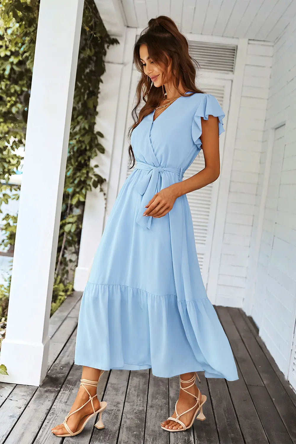 Sleeveless Halter Neck Flowy Ruffle Hem Long Boho Dresses with Belt&nbsp; PRETTYGARDEN