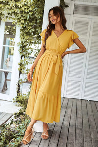 Sleeveless Halter Neck Flowy Ruffle Hem Long Boho Dresses with Belt&nbsp; PRETTYGARDEN