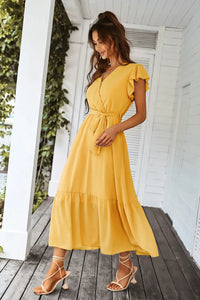 Sleeveless Halter Neck Flowy Ruffle Hem Long Boho Dresses with Belt&nbsp; PRETTYGARDEN