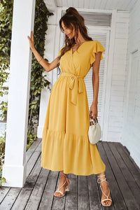 Sleeveless Halter Neck Flowy Ruffle Hem Long Boho Dresses with Belt&nbsp; PRETTYGARDEN