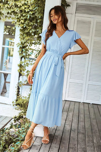 Sleeveless Halter Neck Flowy Ruffle Hem Long Boho Dresses with Belt&nbsp; PRETTYGARDEN