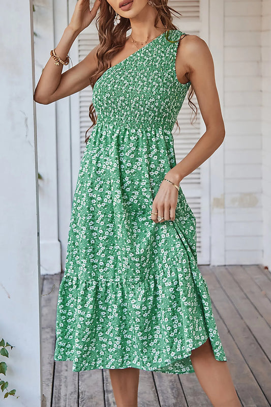 Sleeveless One Shoulder Boho Floral Print Smocked Midi Long Maxi Dress PRETTYGARDEN