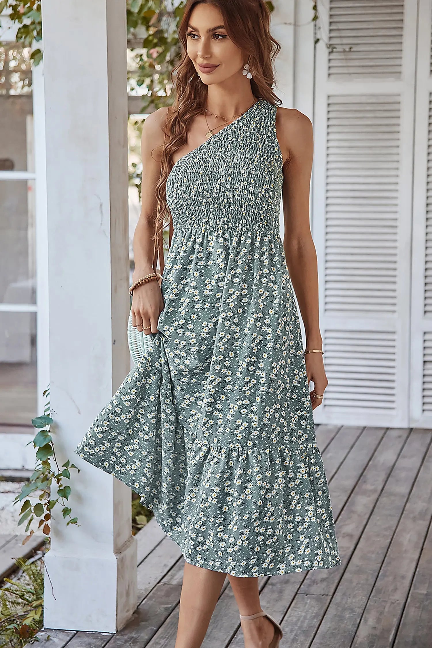 Sleeveless One Shoulder Boho Floral Print Smocked Midi Long Maxi Dress PRETTYGARDEN