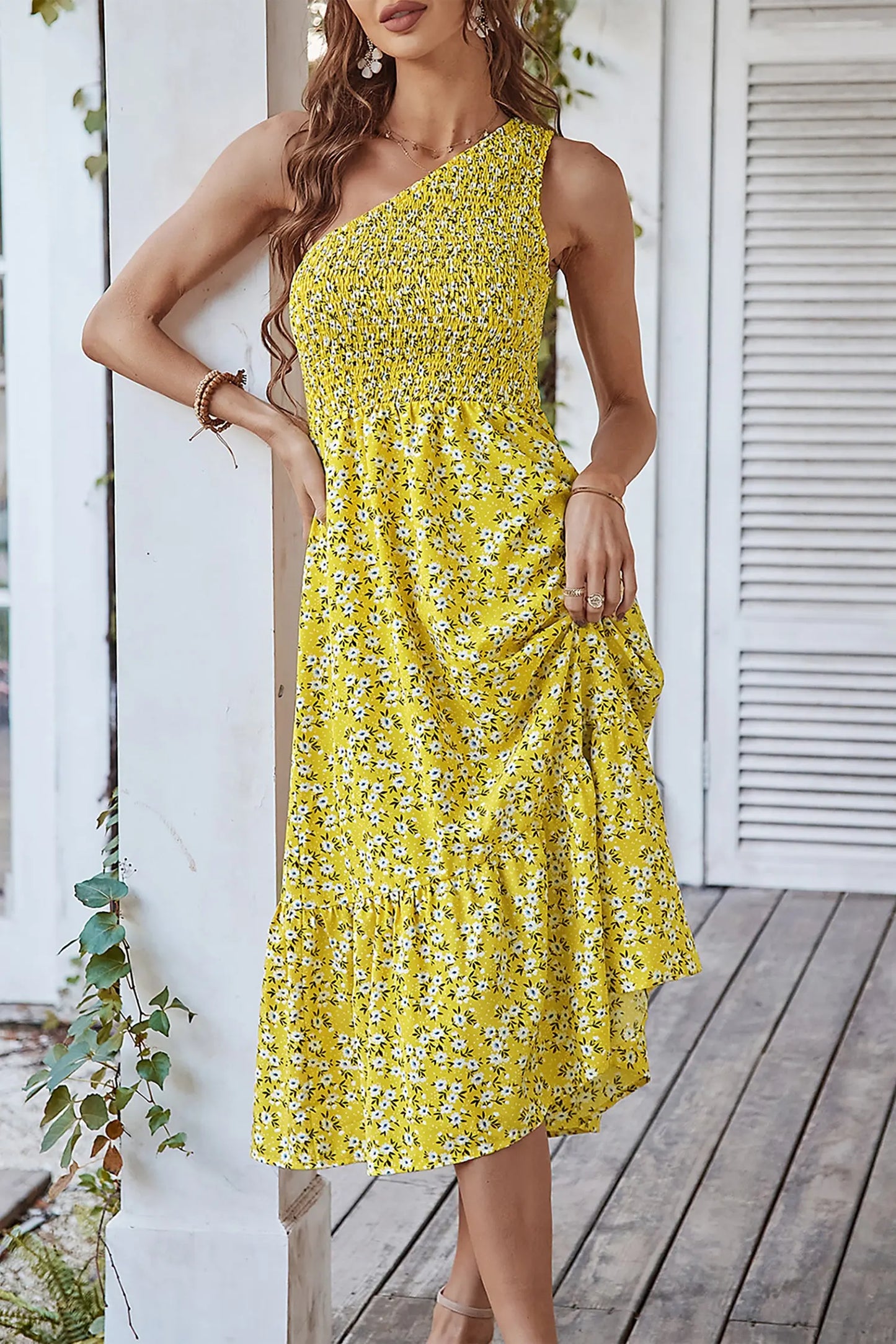 Sleeveless One Shoulder Boho Floral Print Smocked Midi Long Maxi Dress PRETTYGARDEN