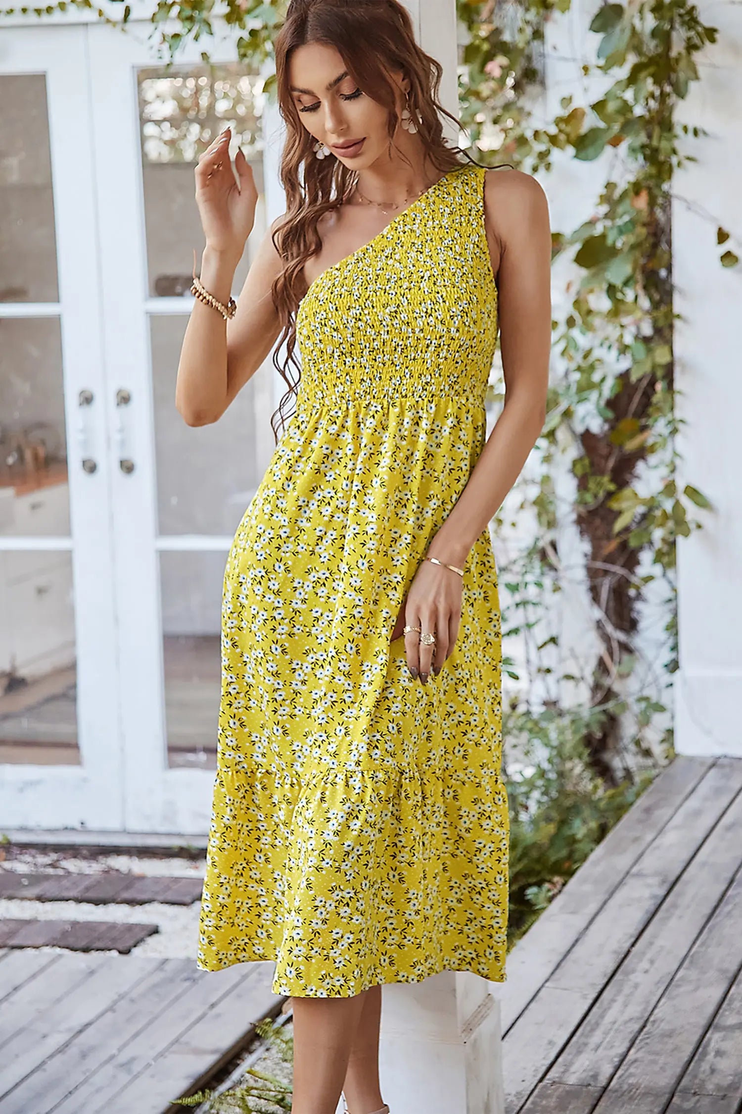 Sleeveless One Shoulder Boho Floral Print Smocked Midi Long Maxi Dress PRETTYGARDEN