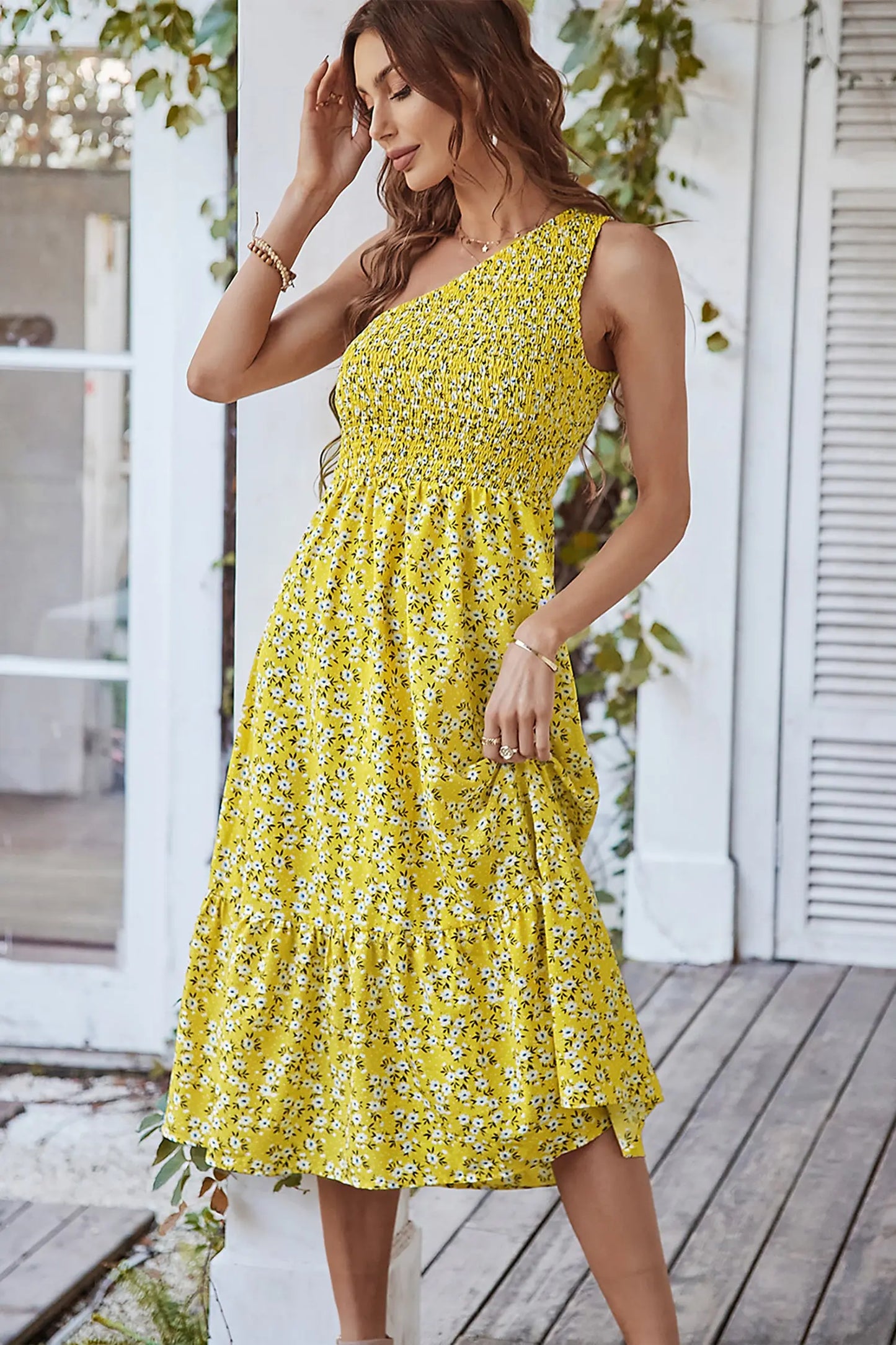 Sleeveless One Shoulder Boho Floral Print Smocked Midi Long Maxi Dress PRETTYGARDEN