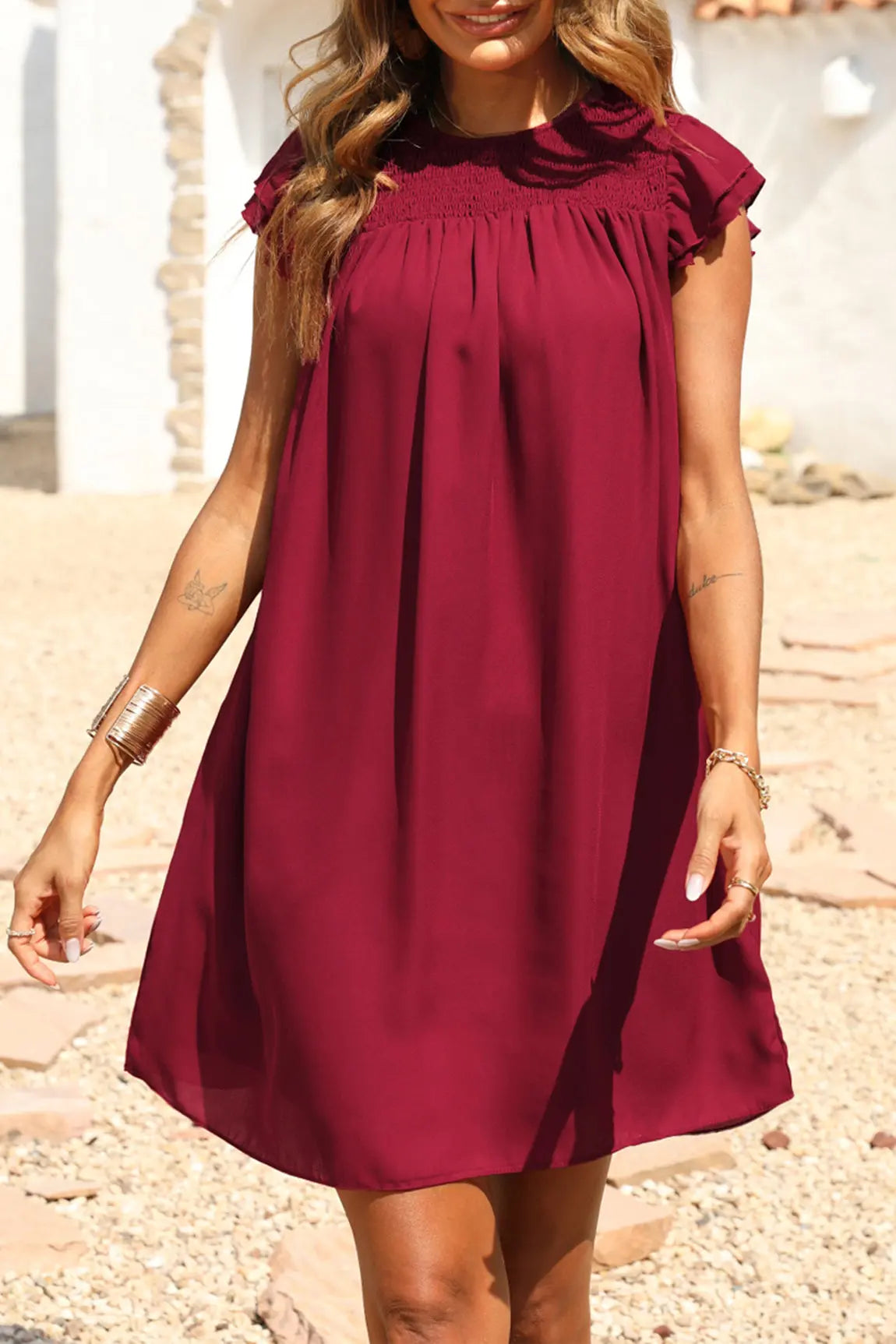 Sleeveless Ruffle Sleeve Crew Neck Short Mini Dress PRETTYGARDEN