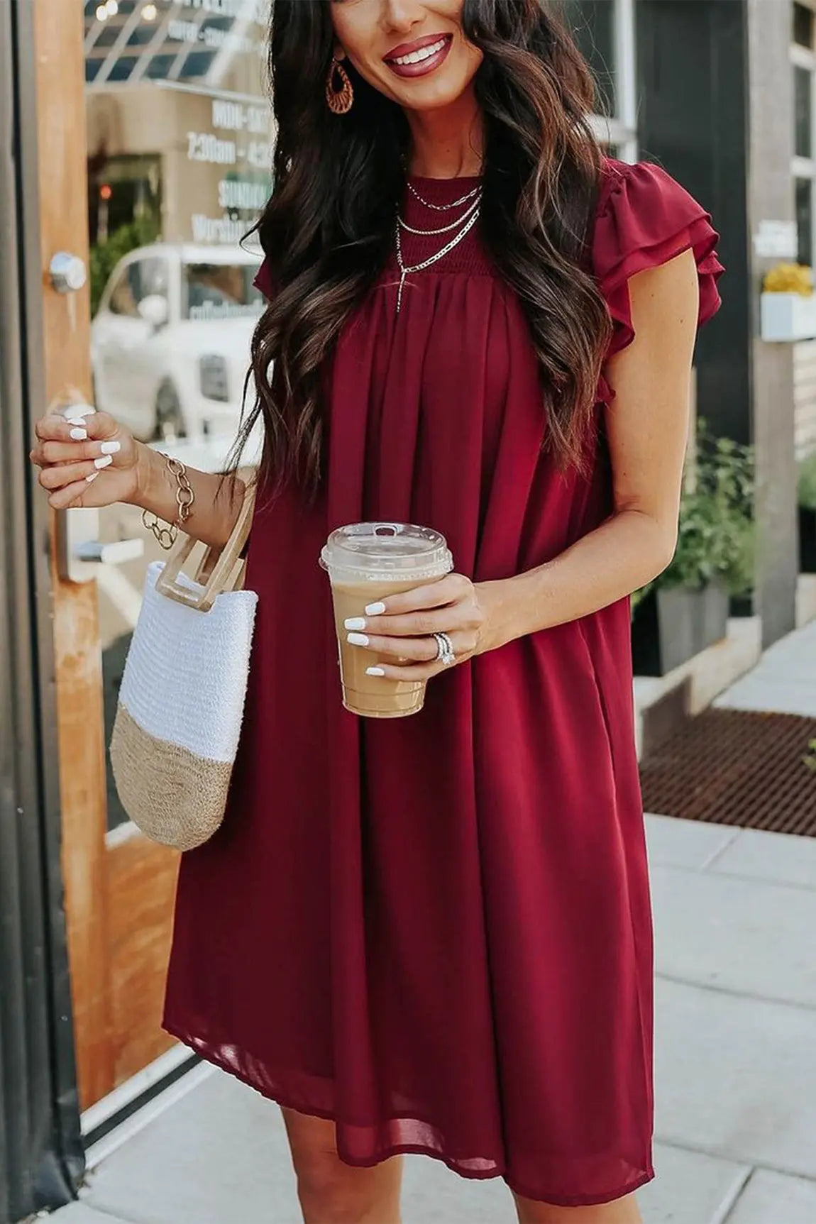 Sleeveless Ruffle Sleeve Crew Neck Short Mini Dress PRETTYGARDEN