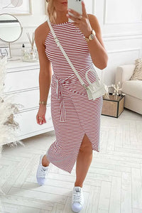 Striped Halter Neck T Shirt Dress Tie Waist Midi Dress PRETTYGARDEN