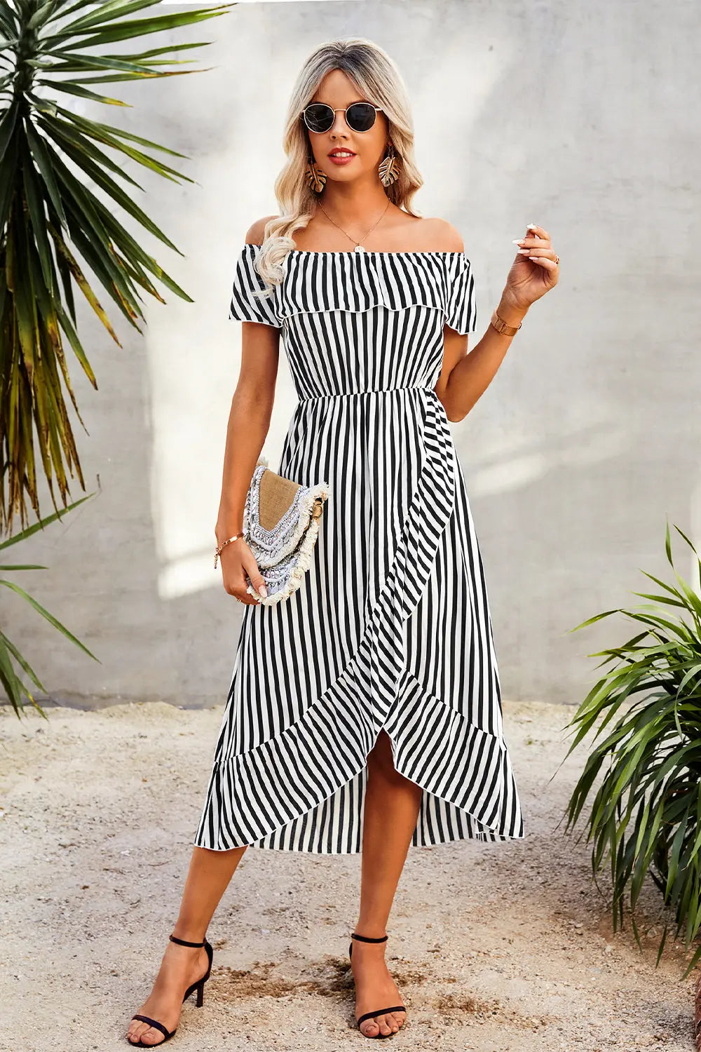 Striped Print Off Shoulder Beach Maxi Dress PRETTYGARDEN