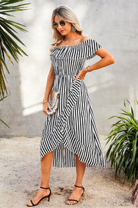 Striped Print Off Shoulder Beach Maxi Dress PRETTYGARDEN