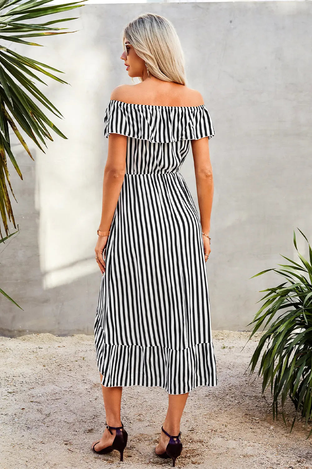 Striped Print Off Shoulder Beach Maxi Dress PRETTYGARDEN