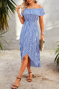 Striped Print Off Shoulder Beach Maxi Dress PRETTYGARDEN