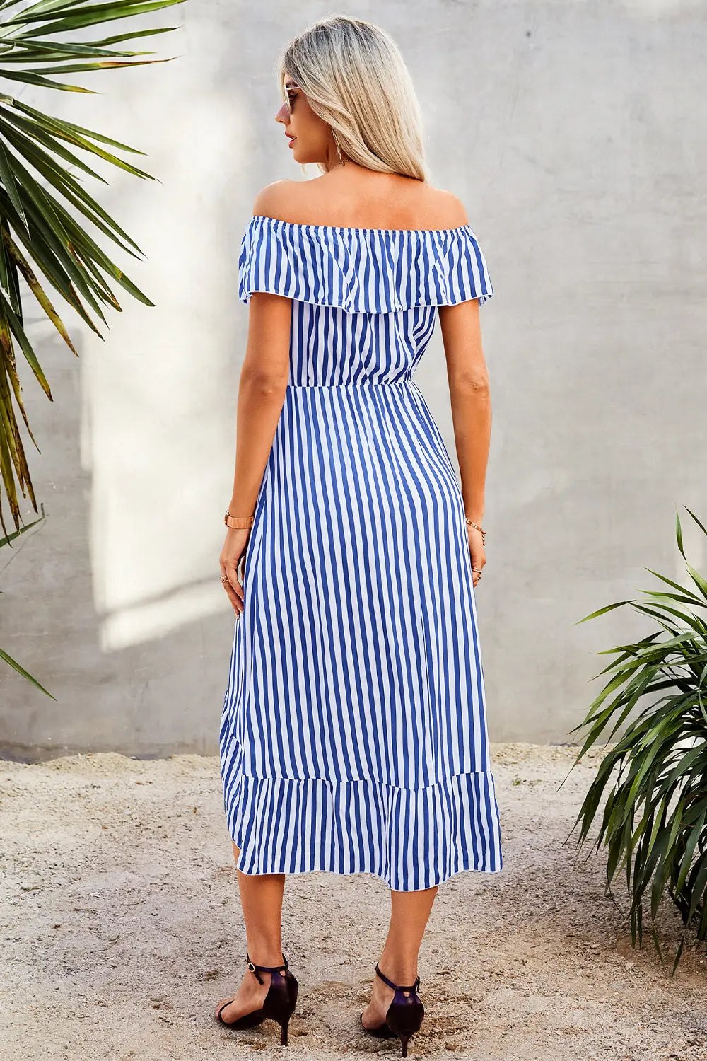 Striped Print Off Shoulder Beach Maxi Dress PRETTYGARDEN