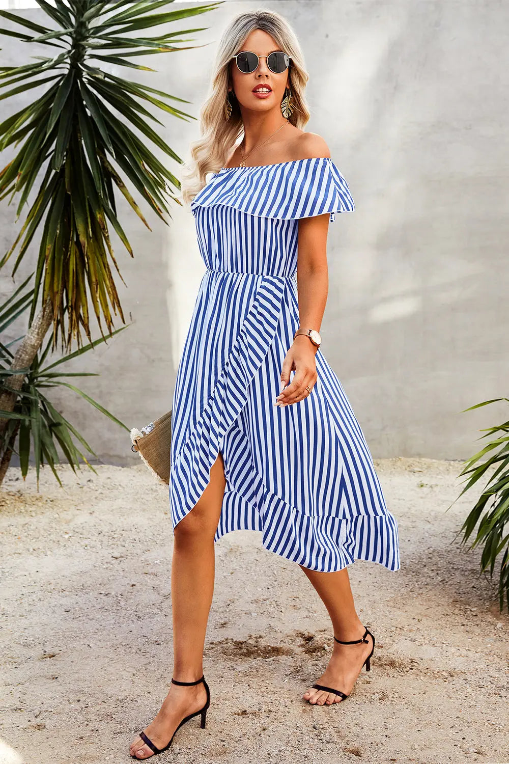 Striped Print Off Shoulder Beach Maxi Dress PRETTYGARDEN