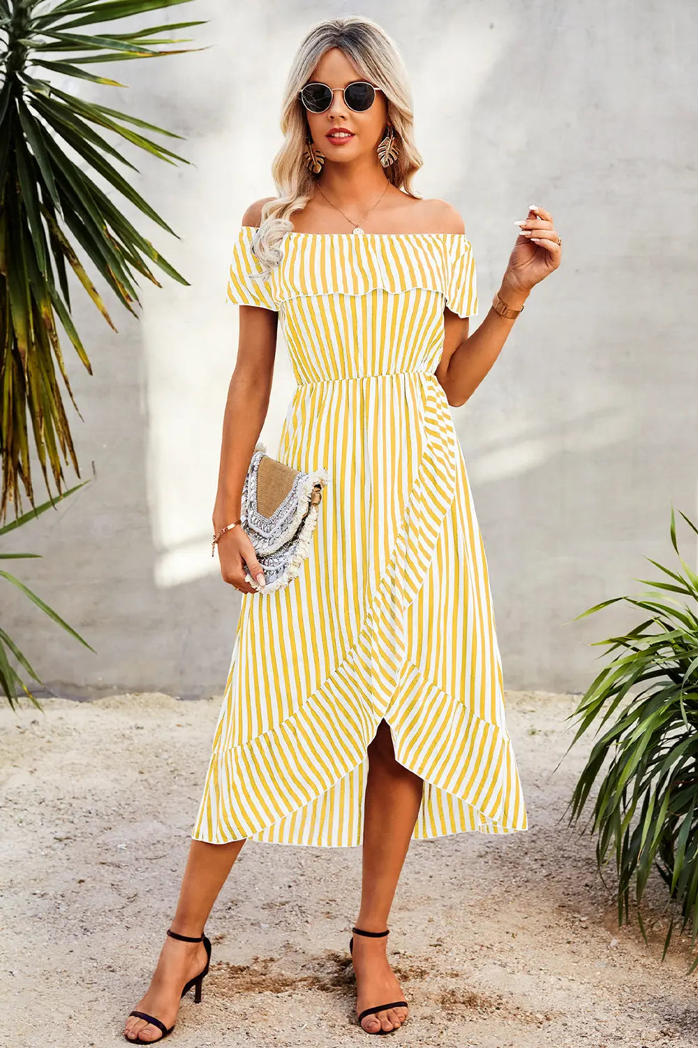 Striped Print Off Shoulder Beach Maxi Dress PRETTYGARDEN