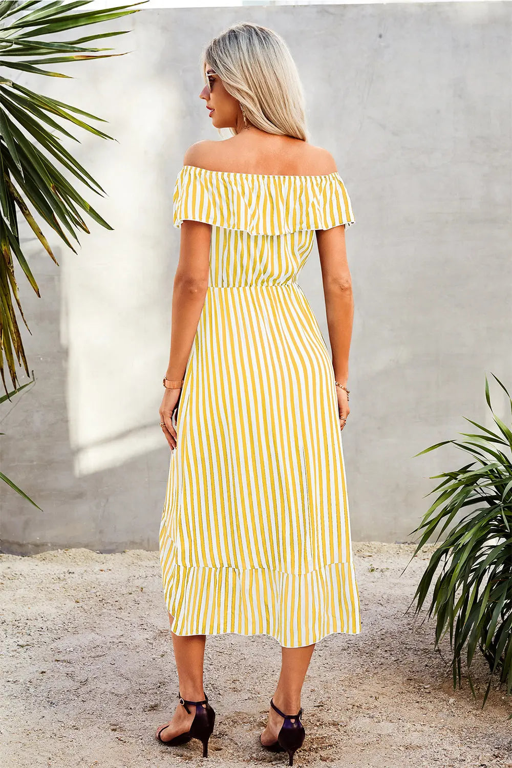 Striped Print Off Shoulder Beach Maxi Dress PRETTYGARDEN