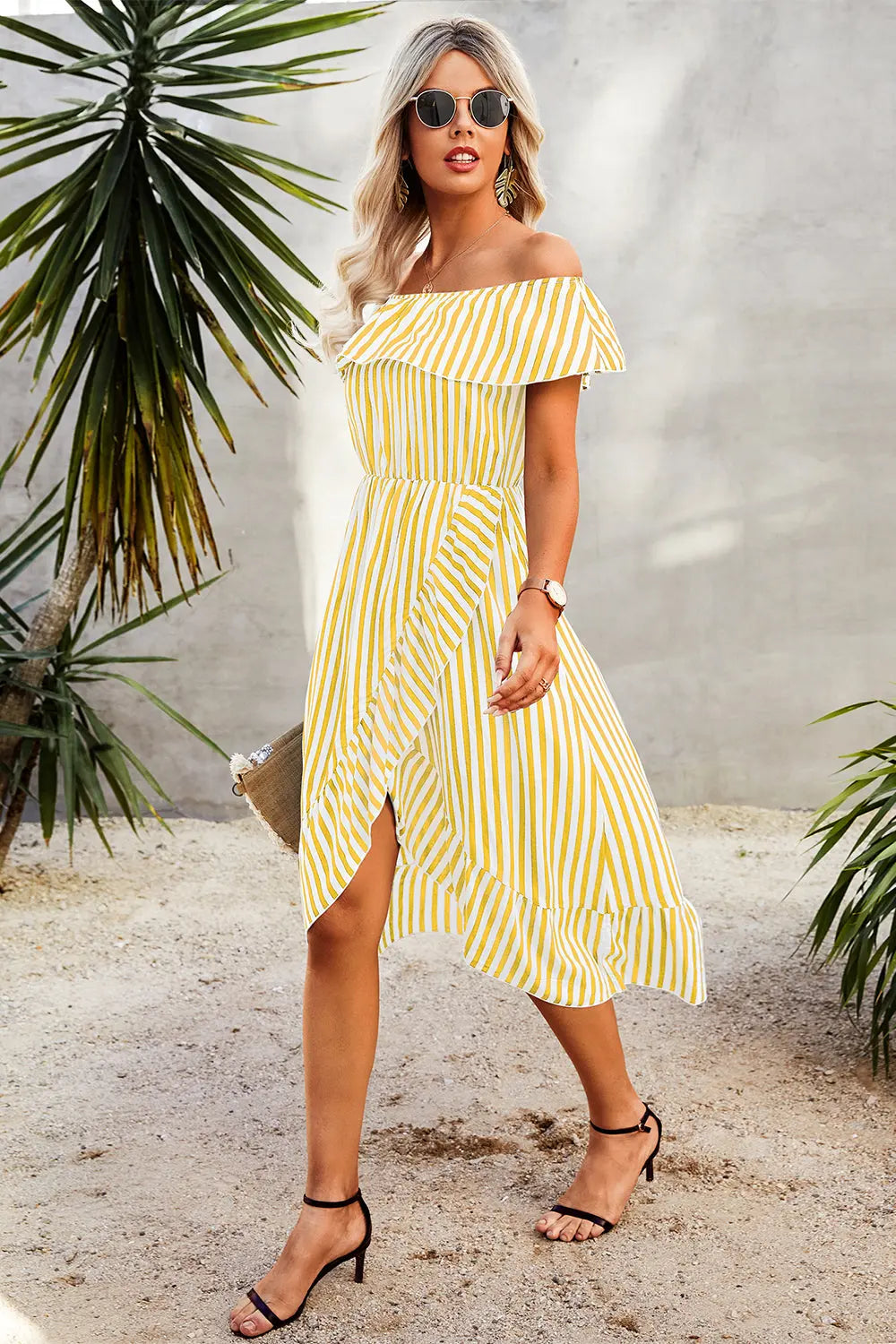 Striped Print Off Shoulder Beach Maxi Dress PRETTYGARDEN