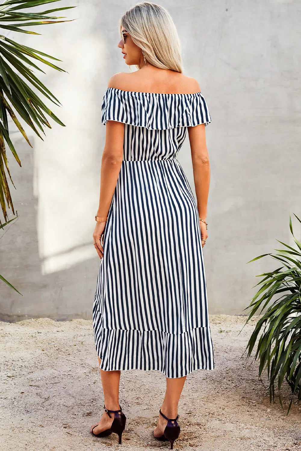 Striped Print Off Shoulder Beach Maxi Dress PRETTYGARDEN