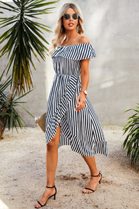 Striped Print Off Shoulder Beach Maxi Dress PRETTYGARDEN