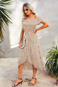 Striped Print Off Shoulder Beach Maxi Dress PRETTYGARDEN