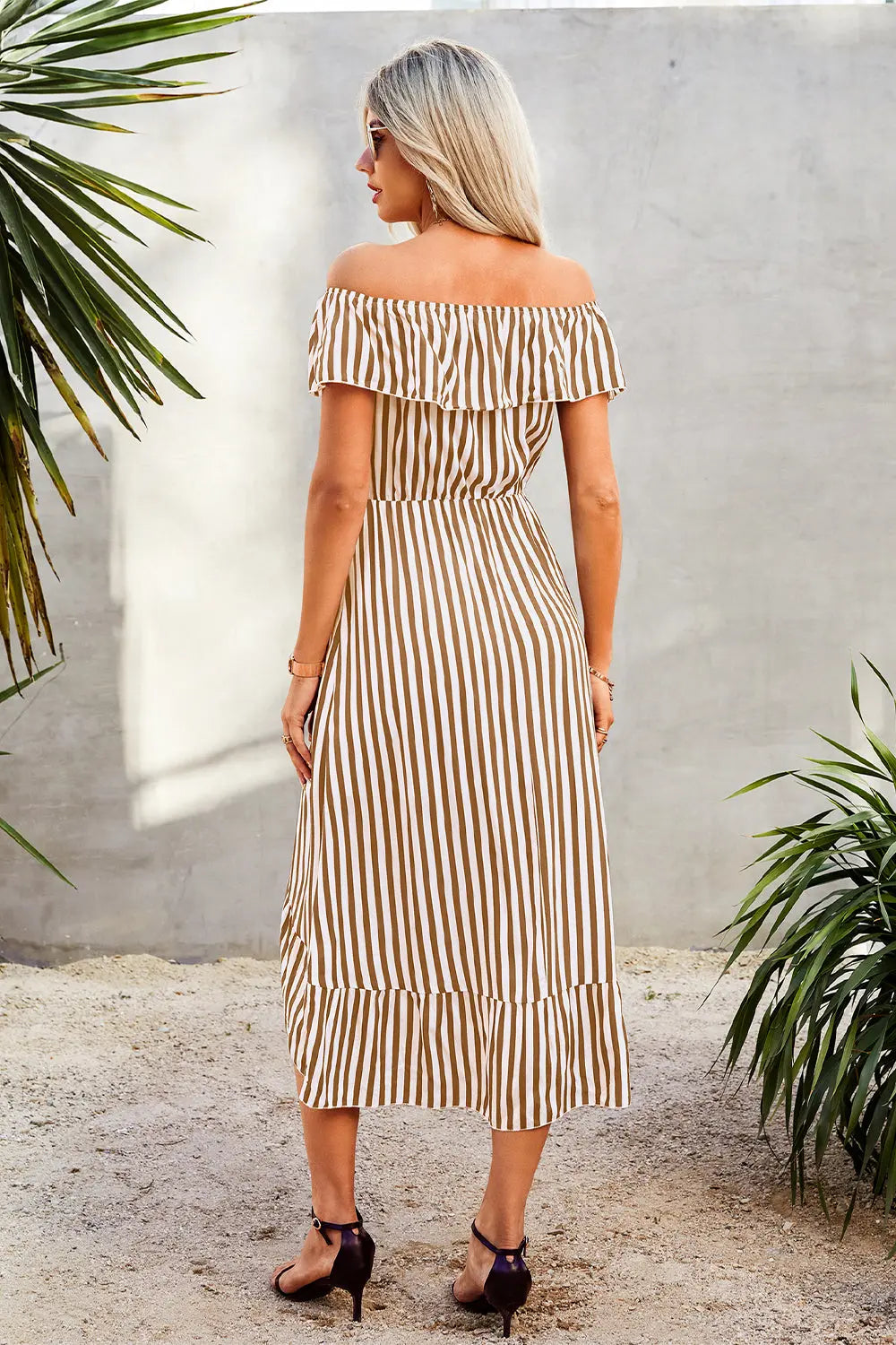 Striped Print Off Shoulder Beach Maxi Dress PRETTYGARDEN