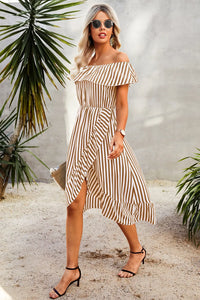 Striped Print Off Shoulder Beach Maxi Dress PRETTYGARDEN