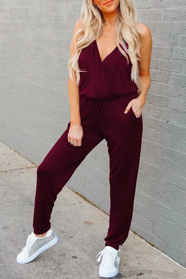 Summer Deep V Neck Spaghetti Strap Drawstring Waist Jumpsuit PRETTYGARDEN