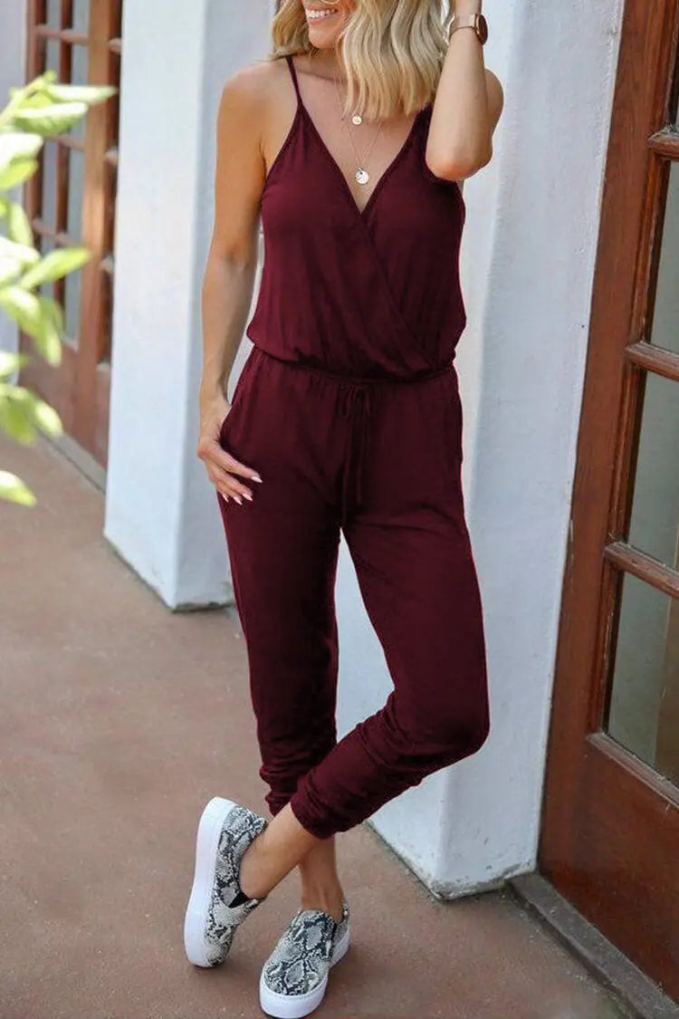 Summer Deep V Neck Spaghetti Strap Drawstring Waist Jumpsuit PRETTYGARDEN