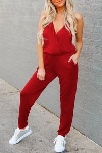 Summer Deep V Neck Spaghetti Strap Drawstring Waist Jumpsuit PRETTYGARDEN