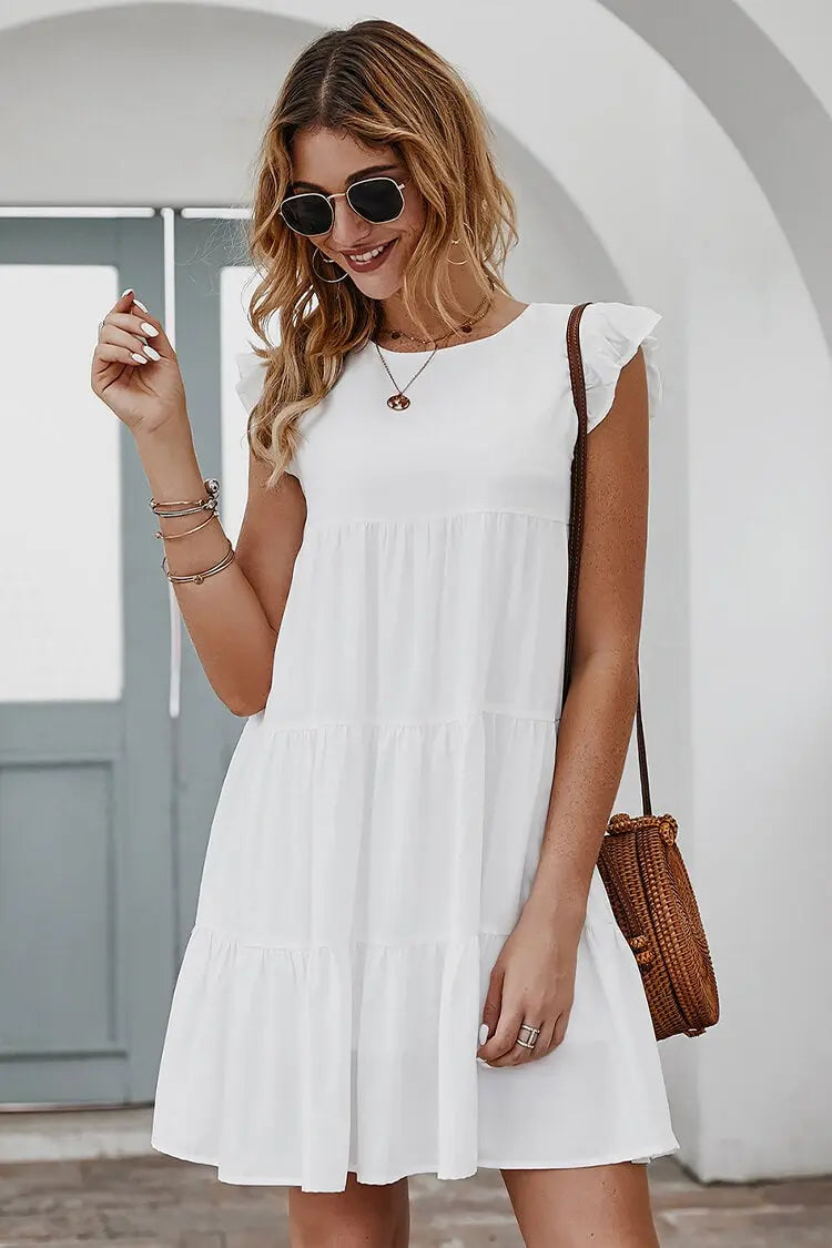 Summer Sleeveless Ruffle Sleeve Flowy Pleated Dress PRETTYGARDEN