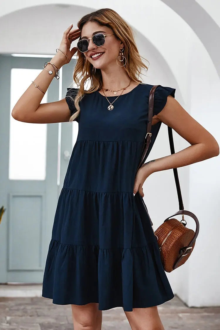 Summer Sleeveless Ruffle Sleeve Flowy Pleated Dress PRETTYGARDEN